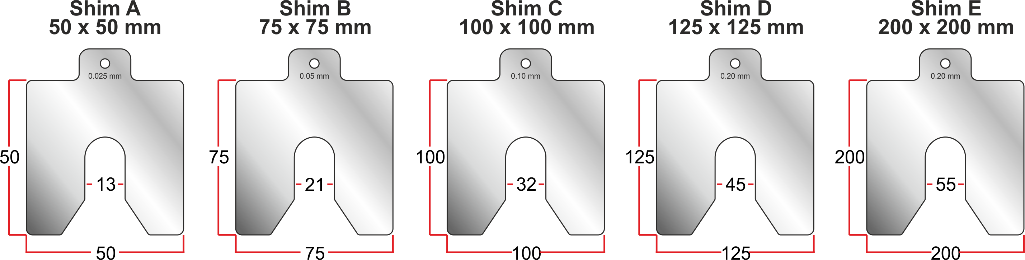 Comparison of all shim profiles A through E showing relative sizes